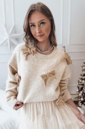 Sweter damski oversize BOWTONE z kokardkami beżowy