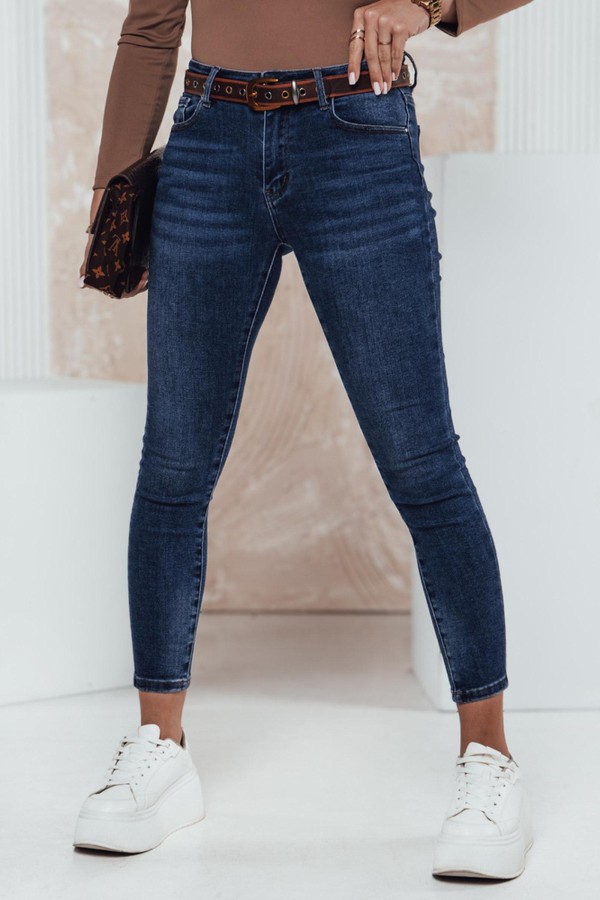 Spodnie jeansowe damskie DENIMFITT skinny z paskiem niebeiskie