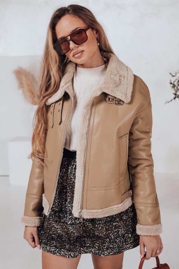 Kurtka damska SHEREB skórzana z kożuszkiem khaki