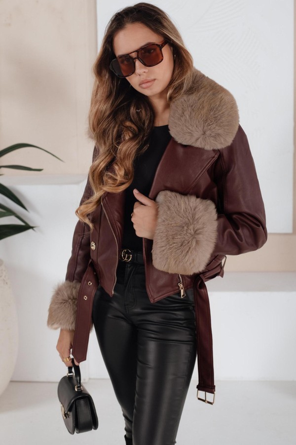 Kurtka skórzana damska z futerkiem bordowa