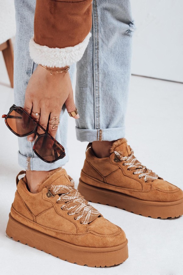 Sneakersy damskie z futerkiem na platformie kamelowe