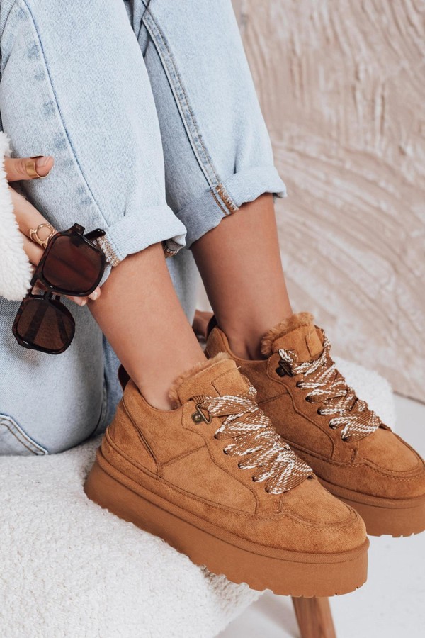 Sneakersy damskie z futerkiem na platformie kamelowe