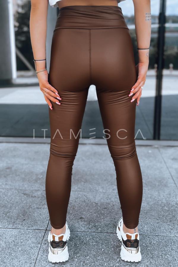 Spodnie woskowane damskie z wysokim stanem czekoladowe VALENTIS