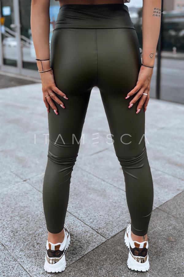Czekoladowe woskowane legginsy damskie WAXED CHIC z wysokim stanem