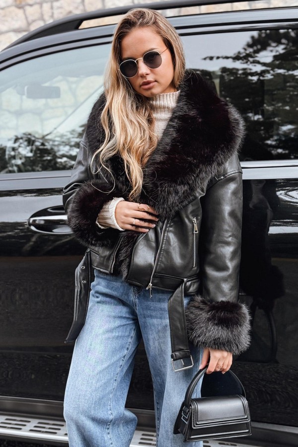 Kurtka ramoneska damska z futerkiem czarna