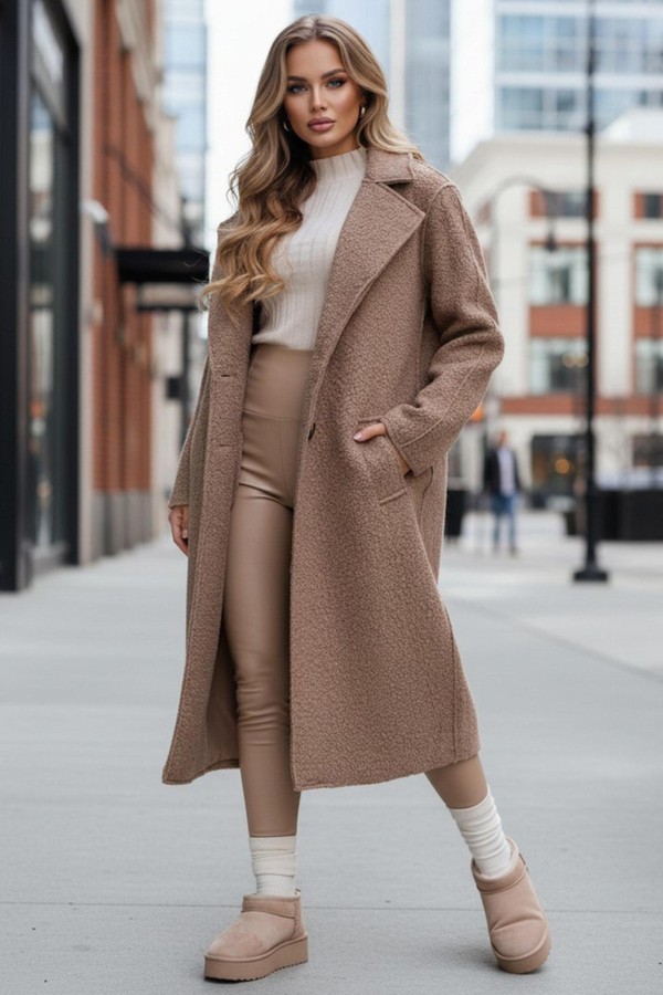 Długi płaszcz damski typu baranek beżowy