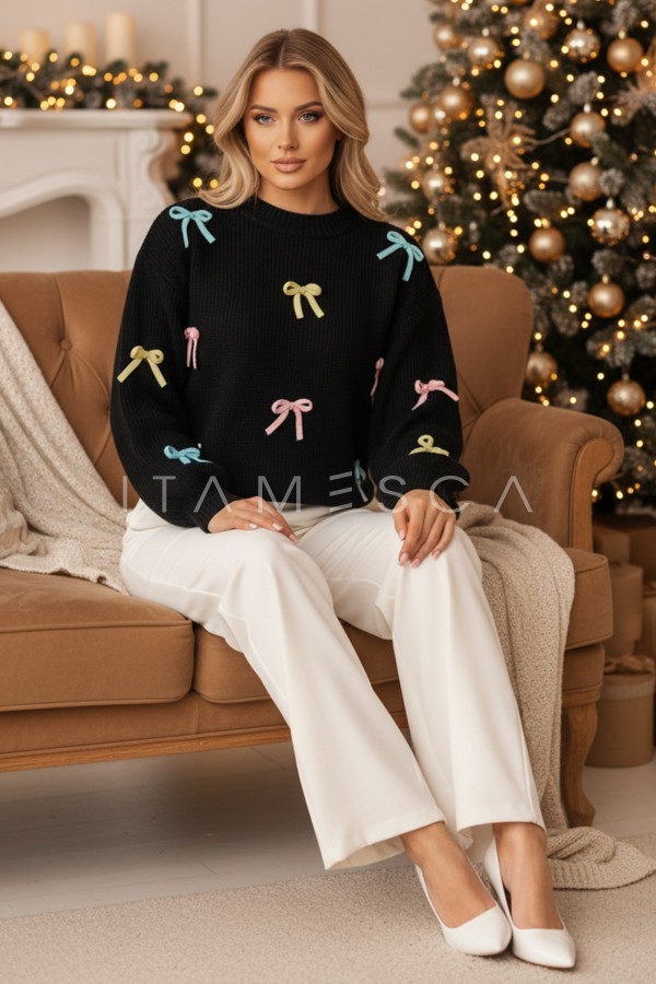 Sweter damski one size w małe kokardki czarny