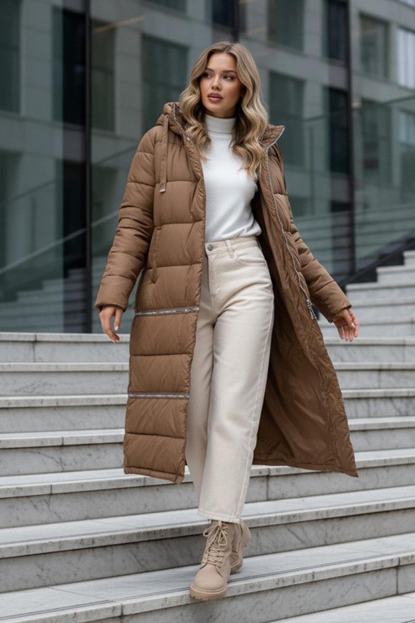 Kurtka damska zimowa długa kamelowa