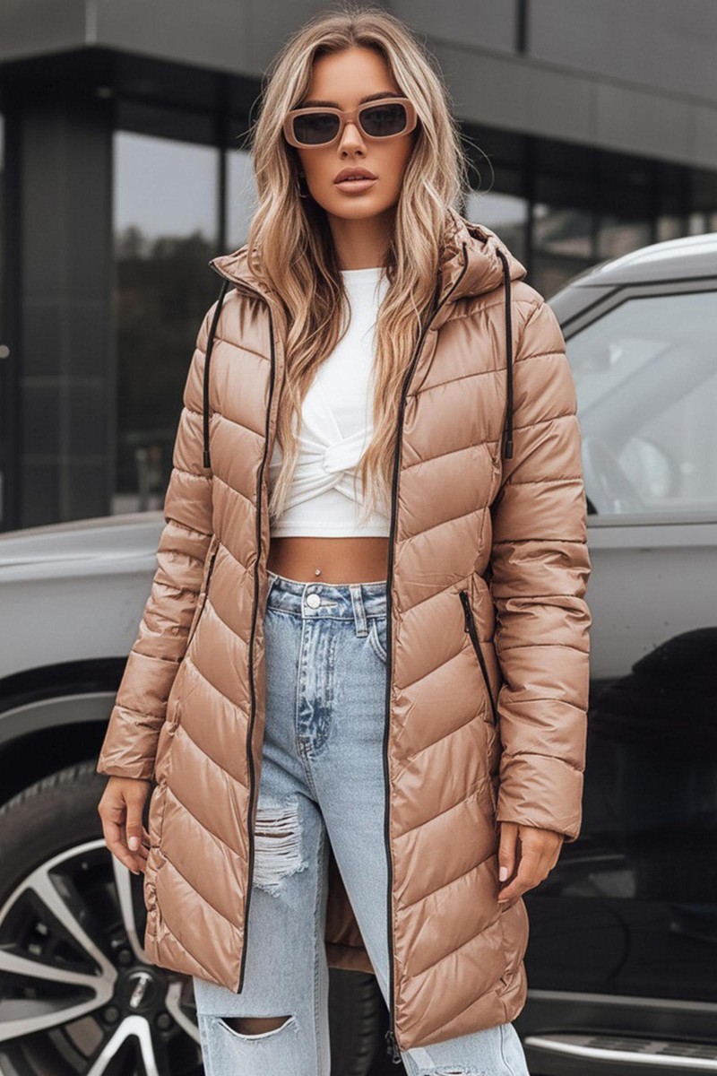 Kurtka damska zimowa długa pikowana kamelowa