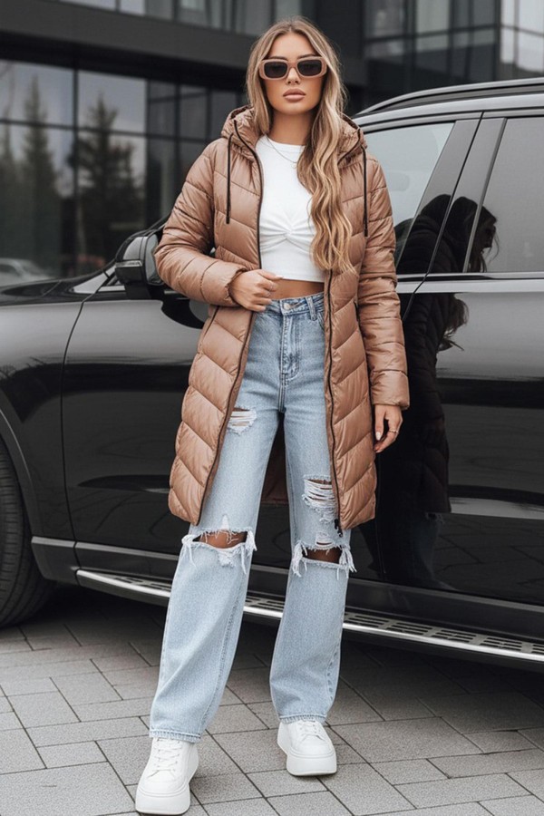 Kurtka damska zimowa długa pikowana kamelowa